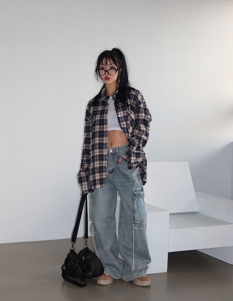 a navy checkered shirt