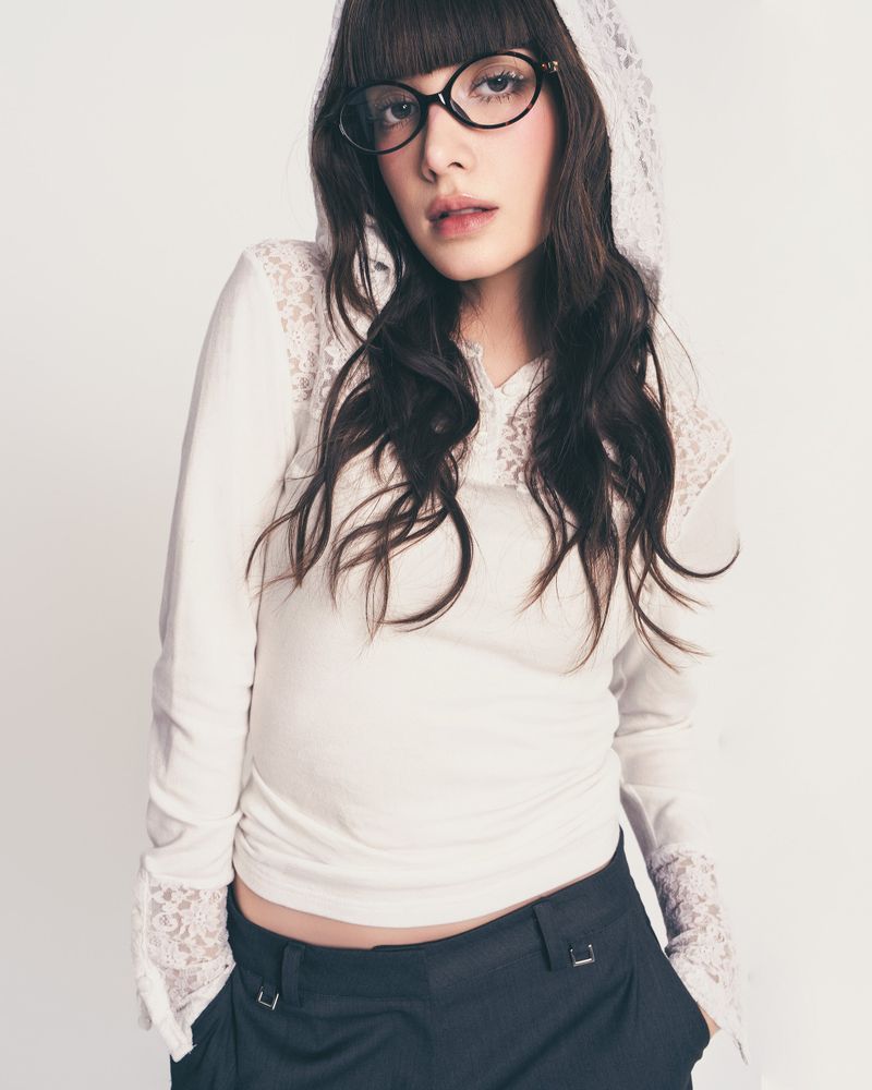 button lace hoodie top long ver. / white
