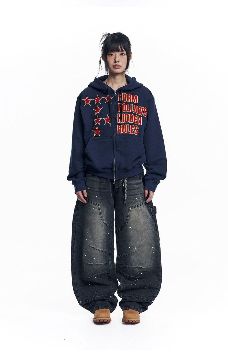 Curved Double Knee Denim Pants - Black