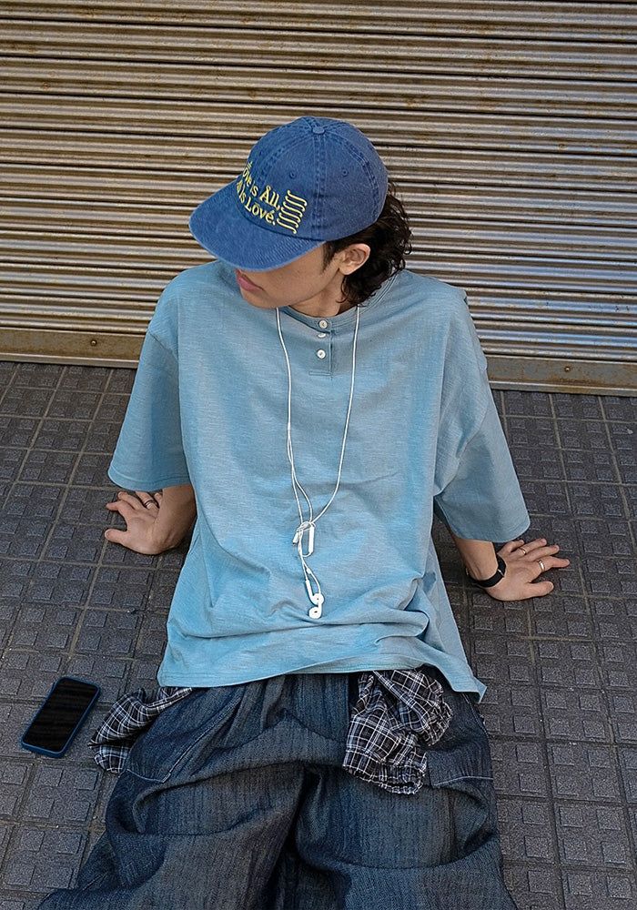[SEMADE] Short Slub Henley Neck Over Sleeve 슬럽 헨리넥 티셔츠 (반팔)