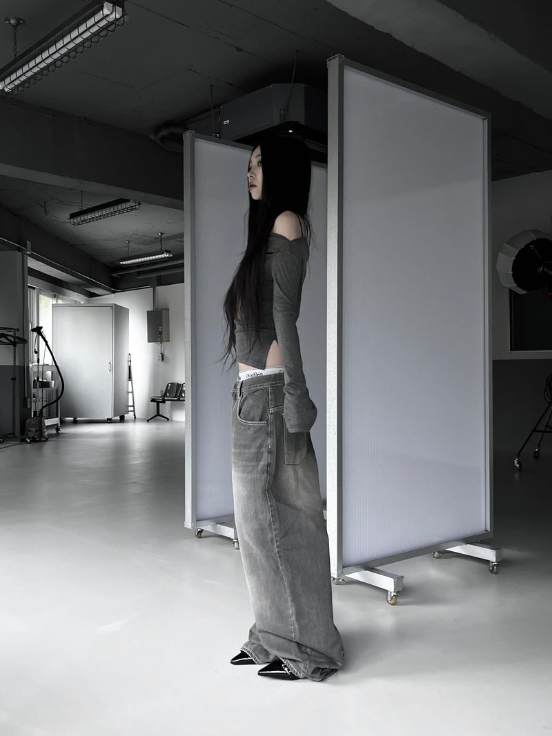 gray shirring washed denim