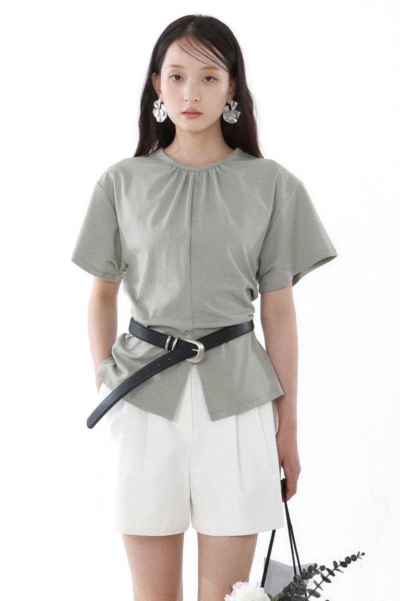SHIRRED ROUND TOP_SMOKE GREEN