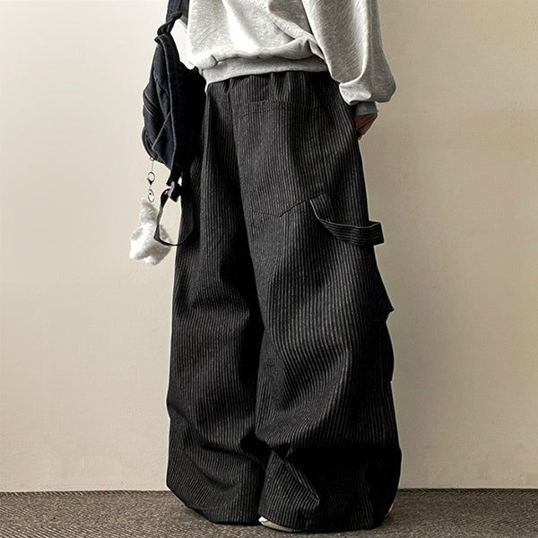 PD Waist Banding Shirring Pattern Carfender Vertical Stripe Denim Pants