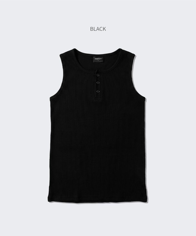 Ribbed Henley-Neck Sleeveless Top Black