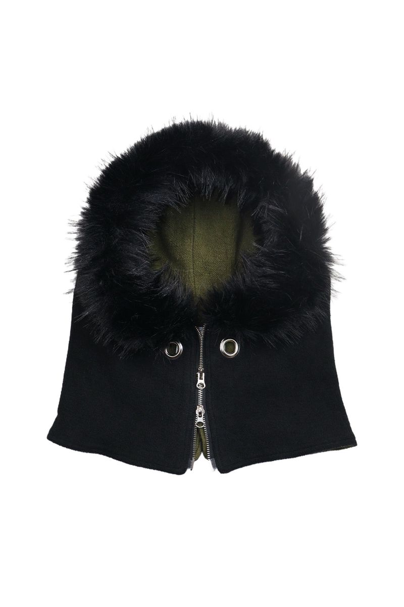 FUR HOODED WARMER - KHAKI BLACK