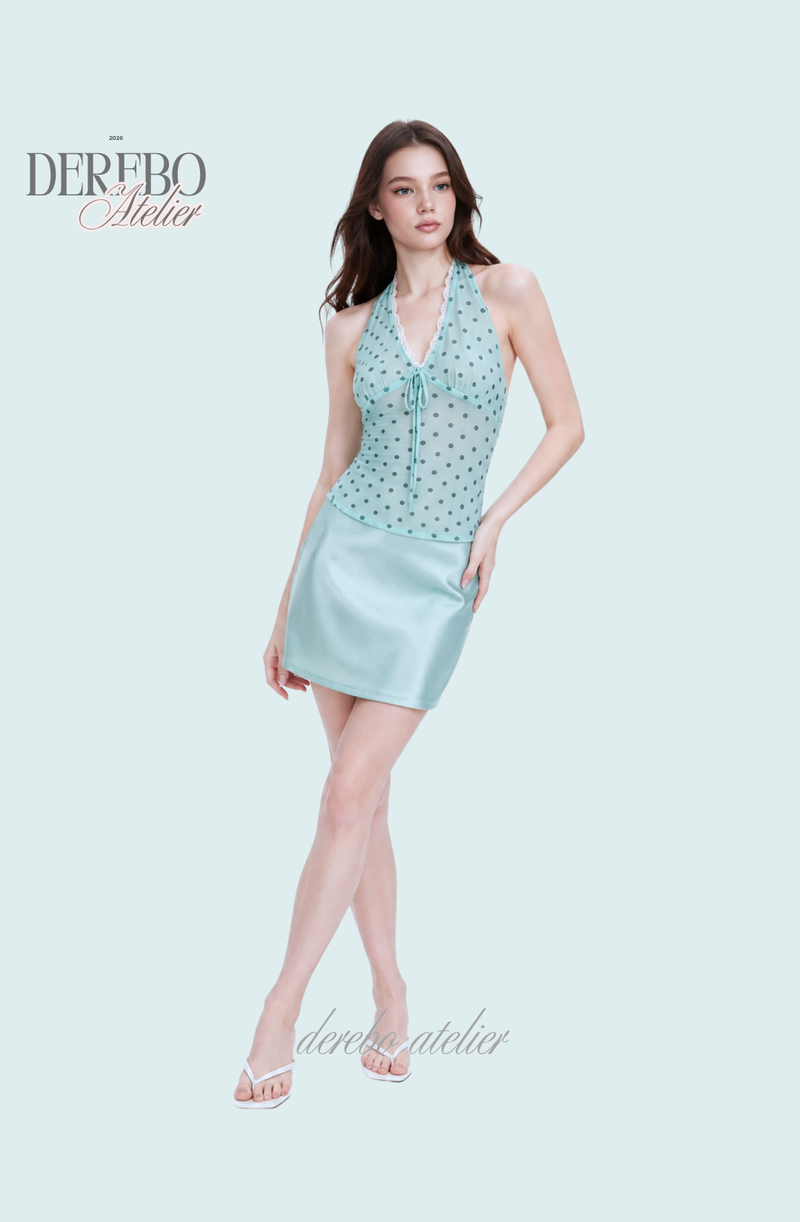 milk mint halter blouse silk skirt two-piece (TOP)