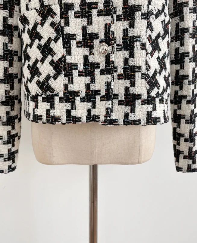 Carson Round-Neck Check Tweed Jacket