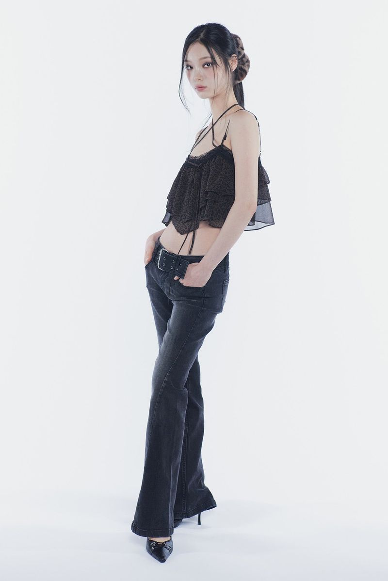 VERA BELTED BOOT-CUT DENIM black