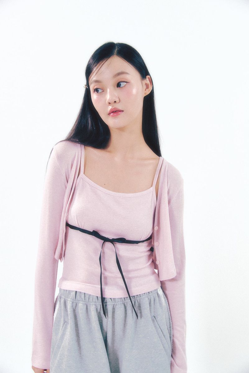 Knit Ribbon Shirring Top Set Pink