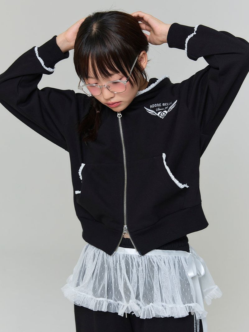 LACE APPLIQUE HOOD ZIP-UP - BLACK