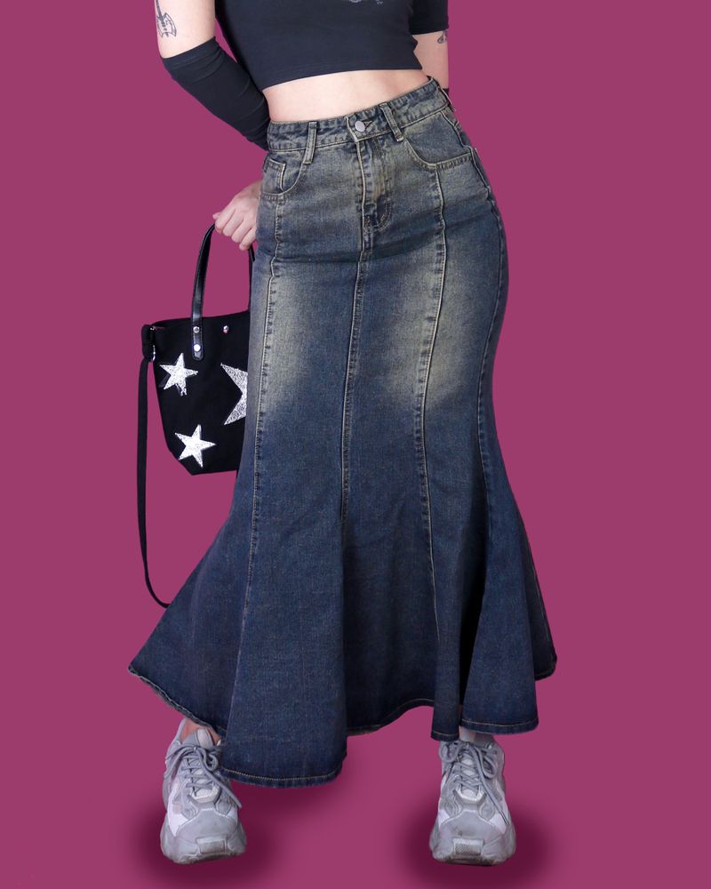 caramel denim long skirt