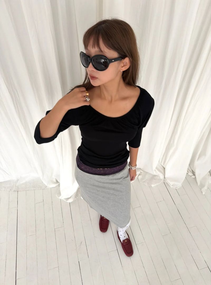 Shirring puff 3/4 sleeve T (2c)