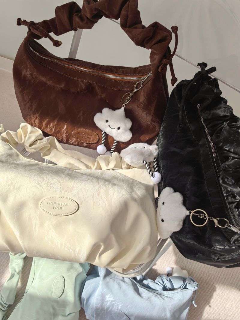 Cloud doll key ring bag denim washed leather wave pattern wrinkle strap zipper shoulder bag