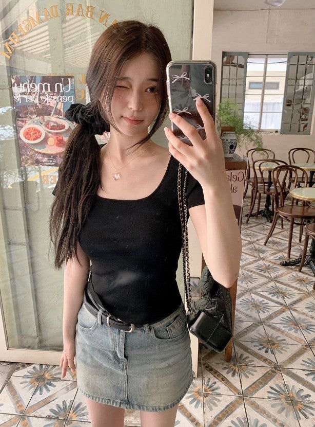 #Back Slit Square Short Sleeve Knit + Scrunchie Set (5color)