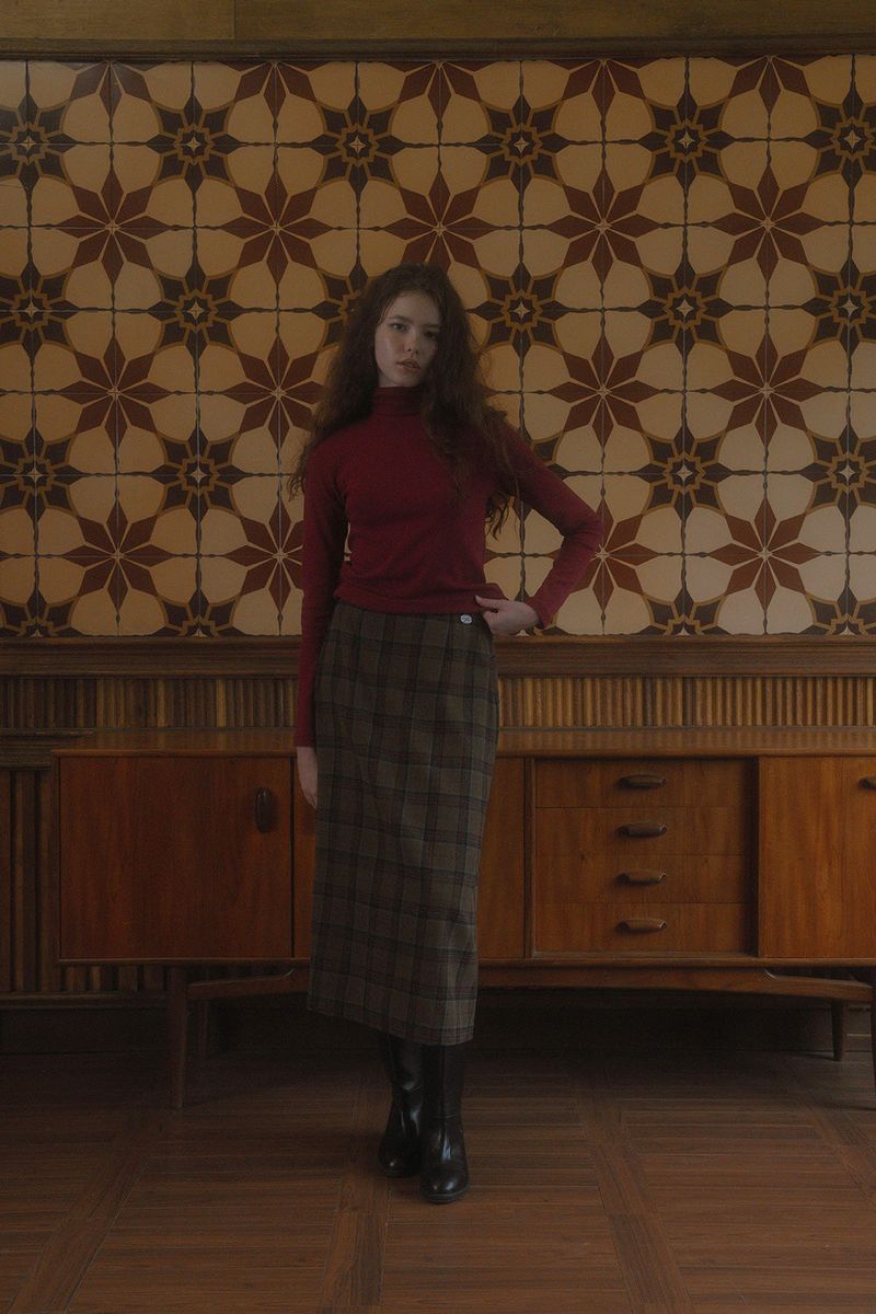 Falling long skirt_check brown