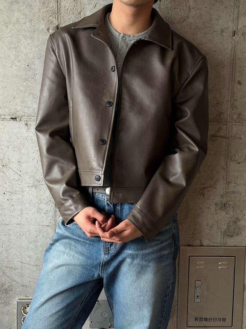 Minimal crop leather jacket(2color)