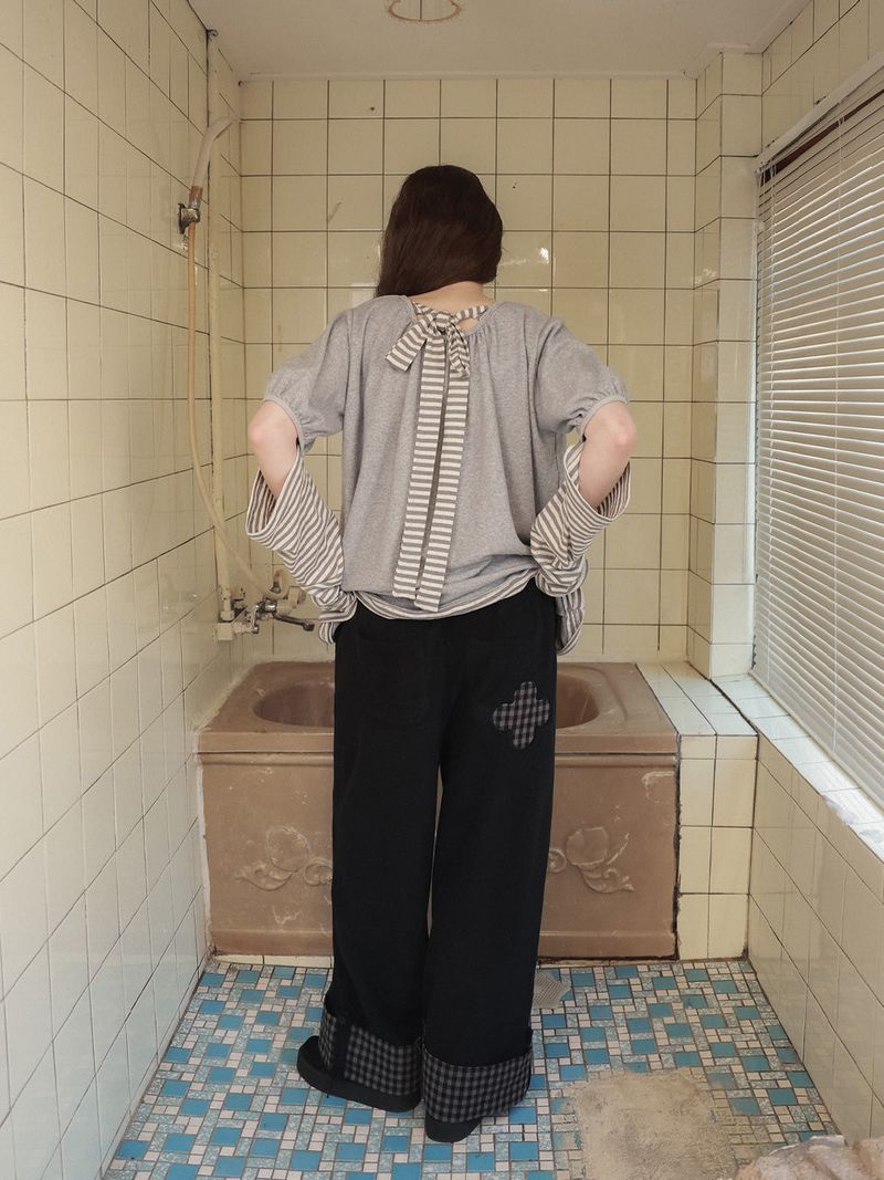 Check folding fleece pants / black