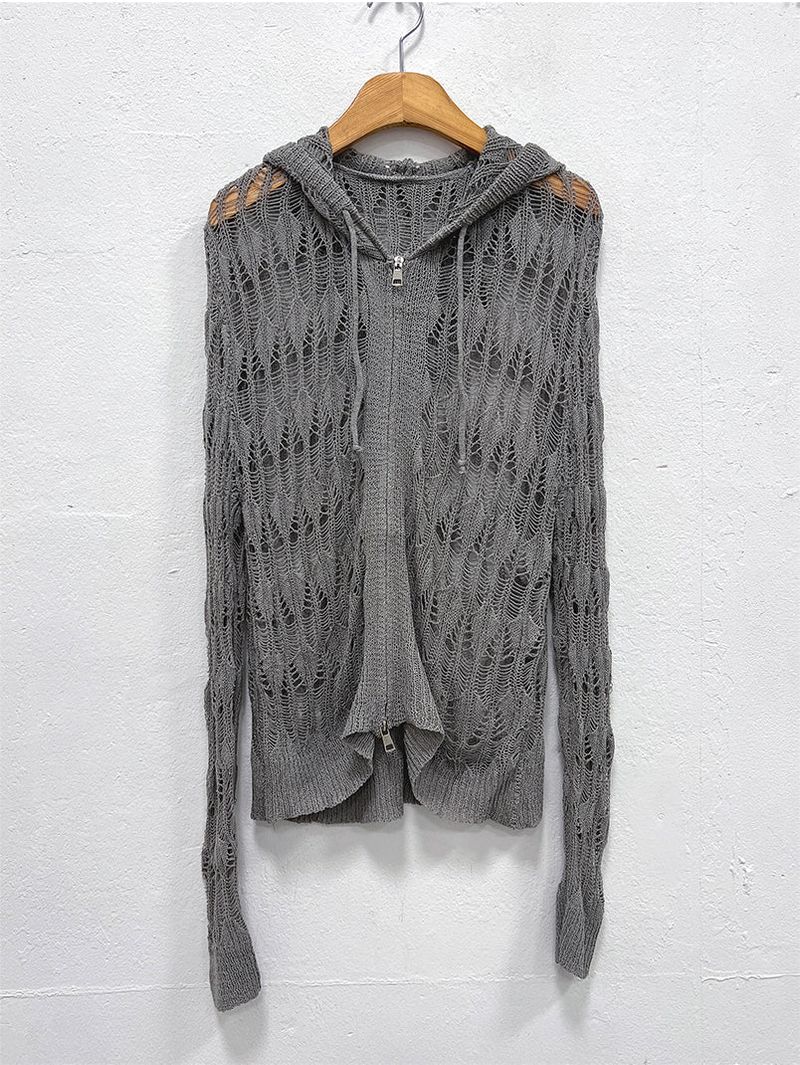 NET SEE-THROUGH KNIT HOOD ZIP-UP