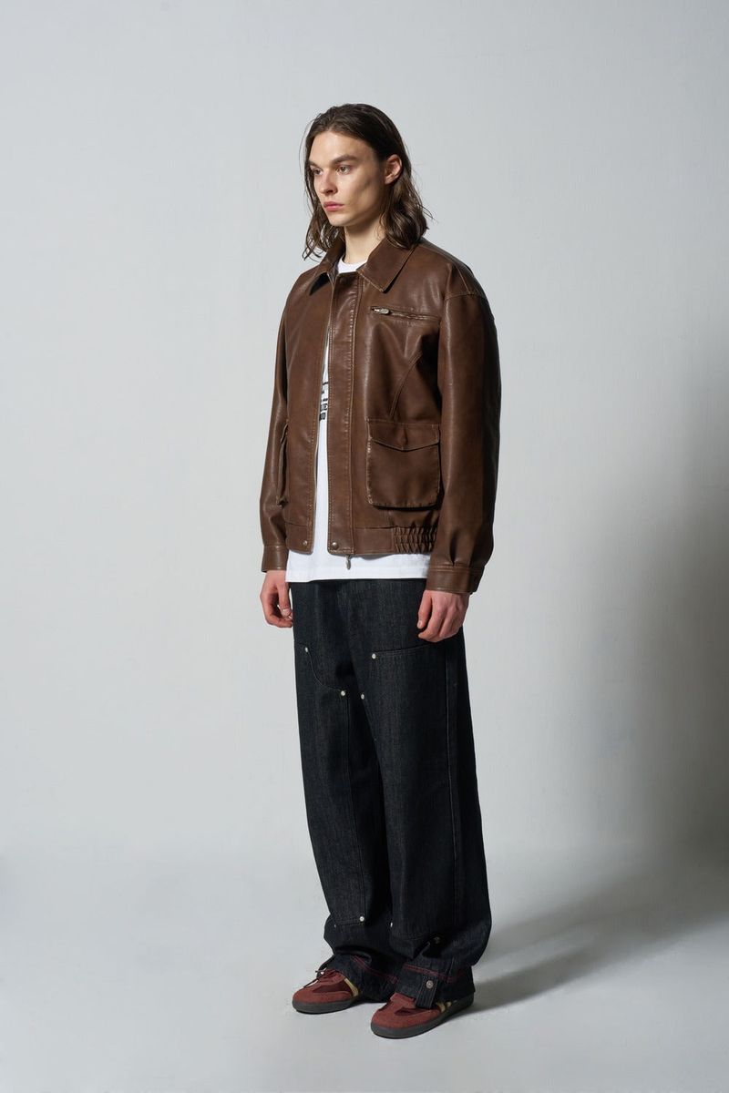 Vegan Leather Pocket blouson - BROWN