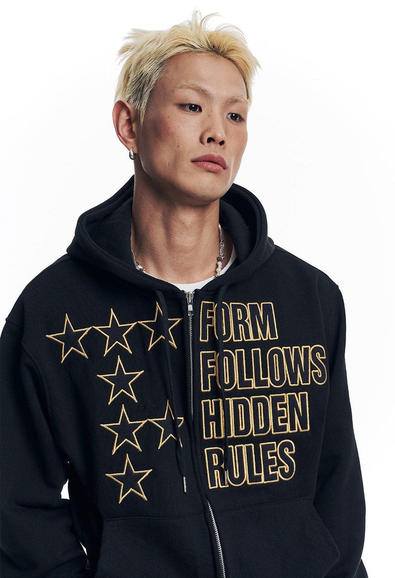 Star Lettering Patch Hoodie Zip-Up - Black