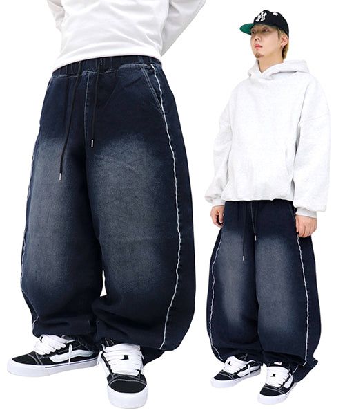 Wide Side-Line Denim Balloon Pants