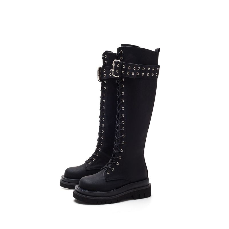 Buckle Lace-Up Walker Boots(Black)