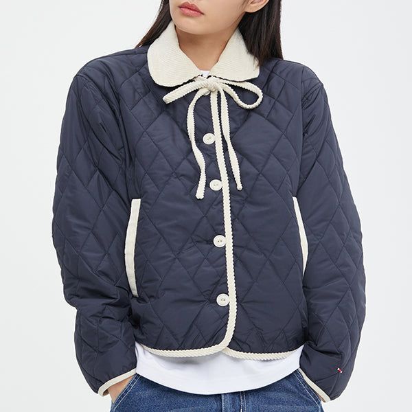 ROMANTIC CROWN（ロマンティッククラウン）の「RIBBON TIE QUILTING JACKET_NAVY（Jackets/Outerwear）」