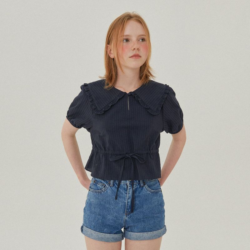 RUFFLE COLLAR CROP BLOUSE_NAVY