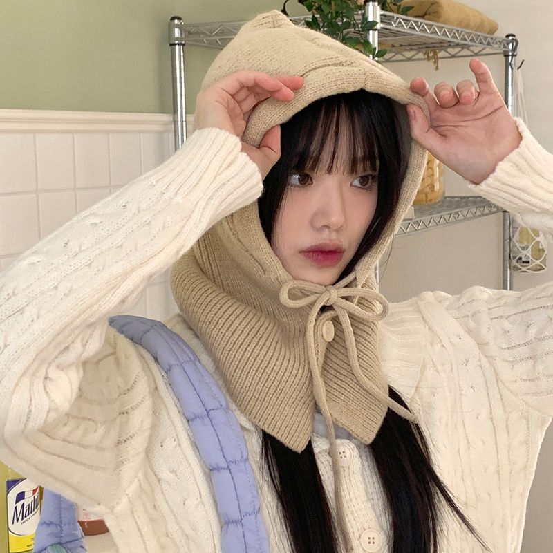 Tenu two-button hoodie knit ribbon strap balaclava