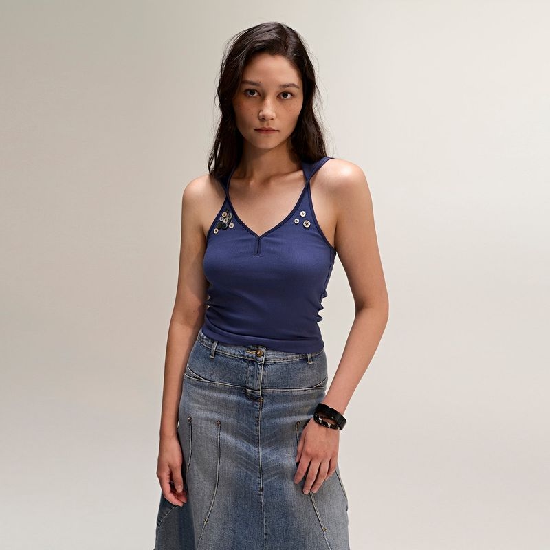 MNMPAIR（ミニマルペア）の「Button Hood Halterneck Top Navy（Tops）」