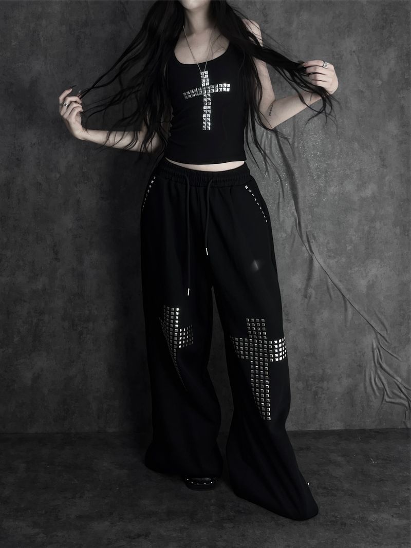 metal stud cross wide pants