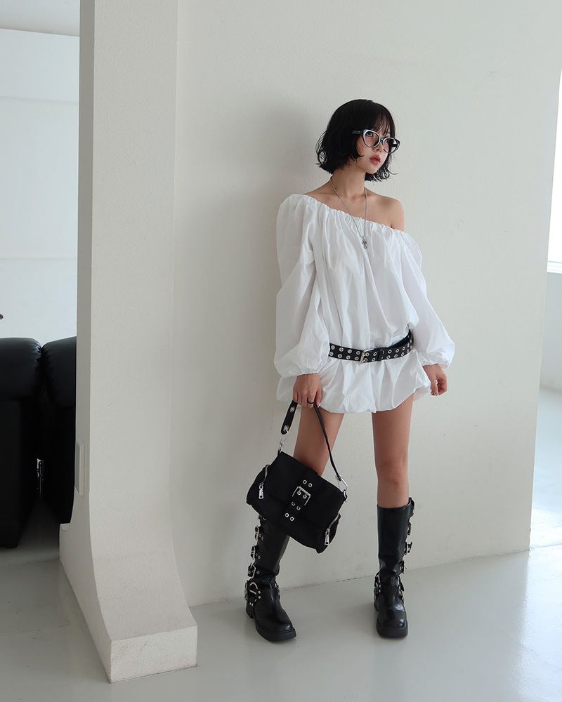 Pumpkin Balloon Off-Shoulder Long Blouse & Mini Dress