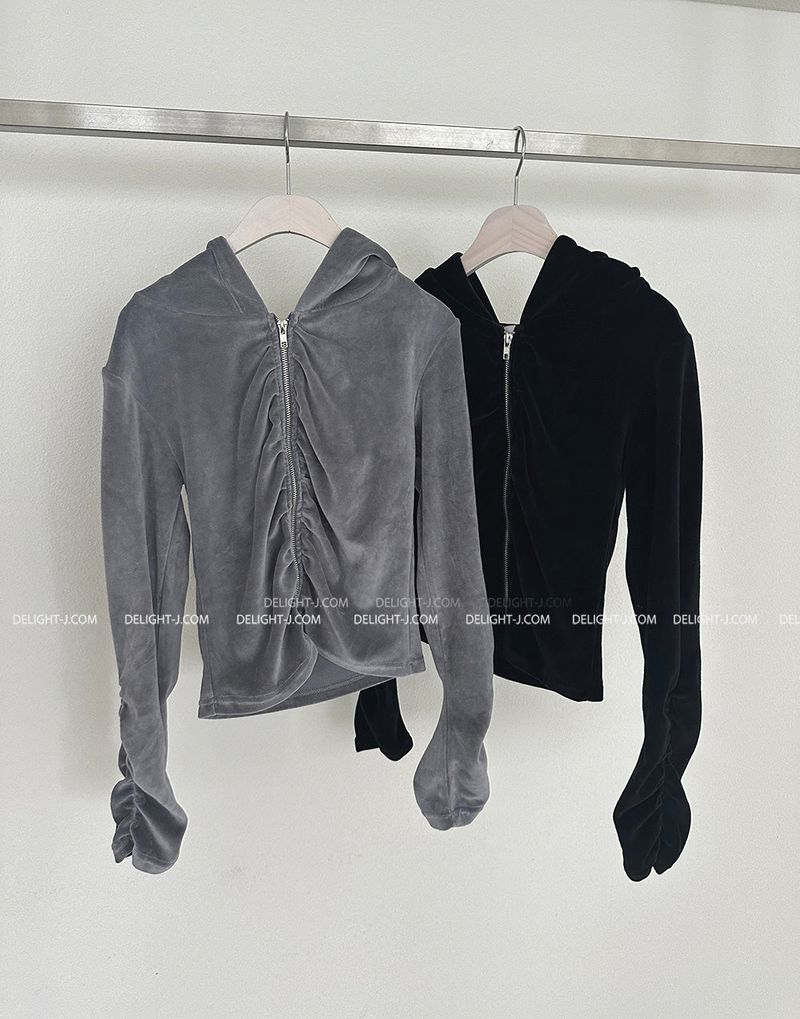 Velvet Shirring Hood Zip-Up