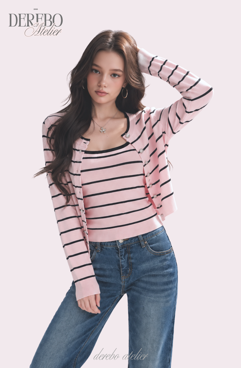 Pink Stripe Inner Cardigan Two-Piece Set