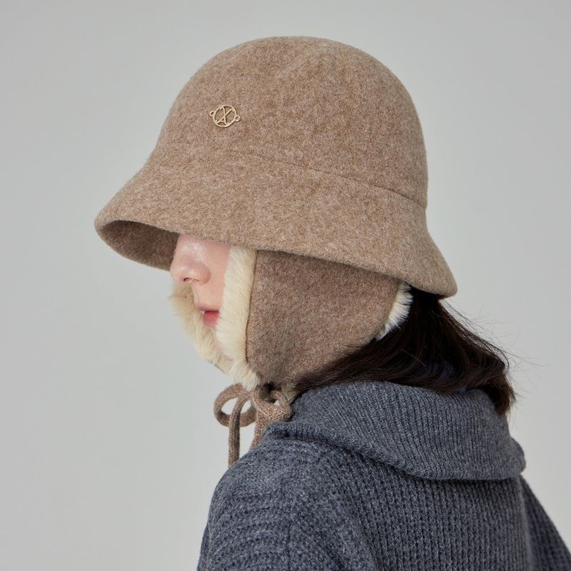 VA Curved Circle Logo Wool Blend Flap Bucket Hat / Beige