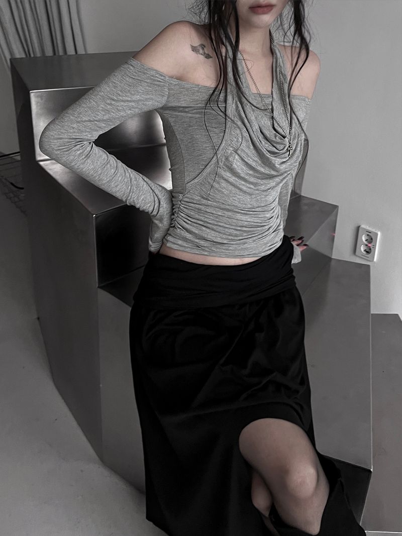 drape off-shoulder halter T (2color)