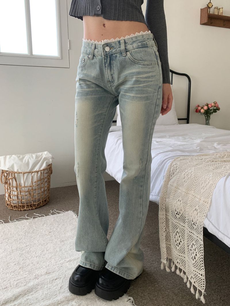 Touch Lace Trim Light Blue Bootcut Denim Pants