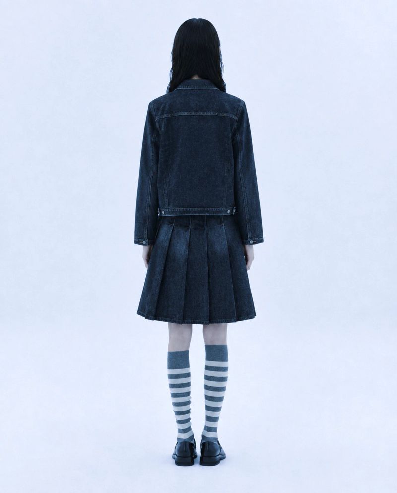STITCH DENIM PLEATS MIDI SKIRT