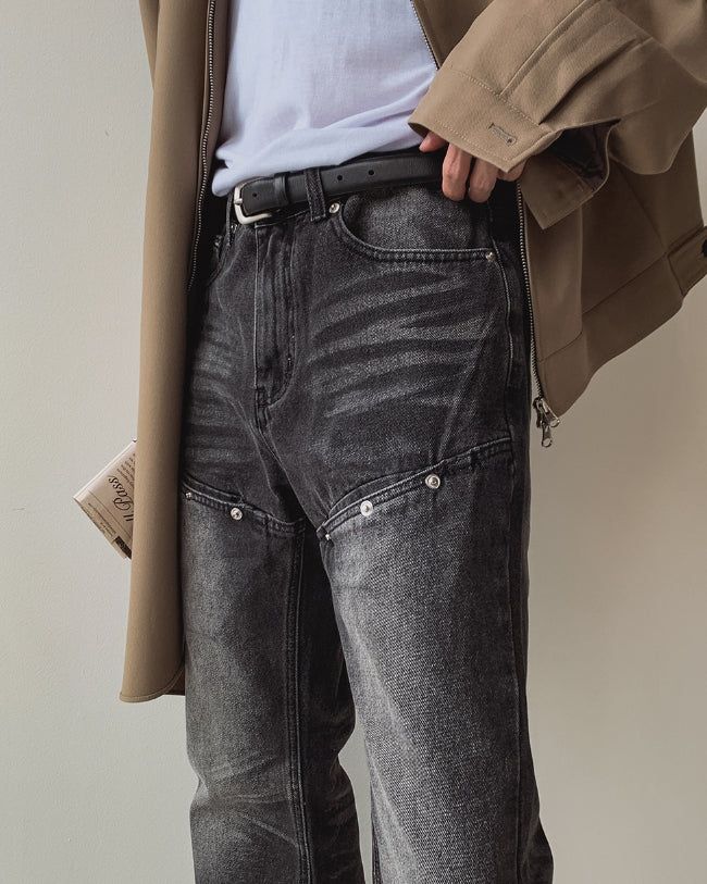 Groove cat-washed rivet flare denim pants