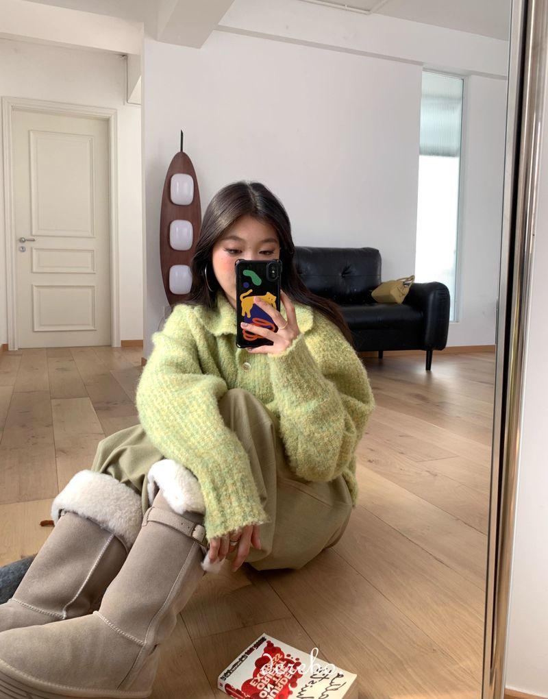 Tender Green Turtleneck Knit Cardigan