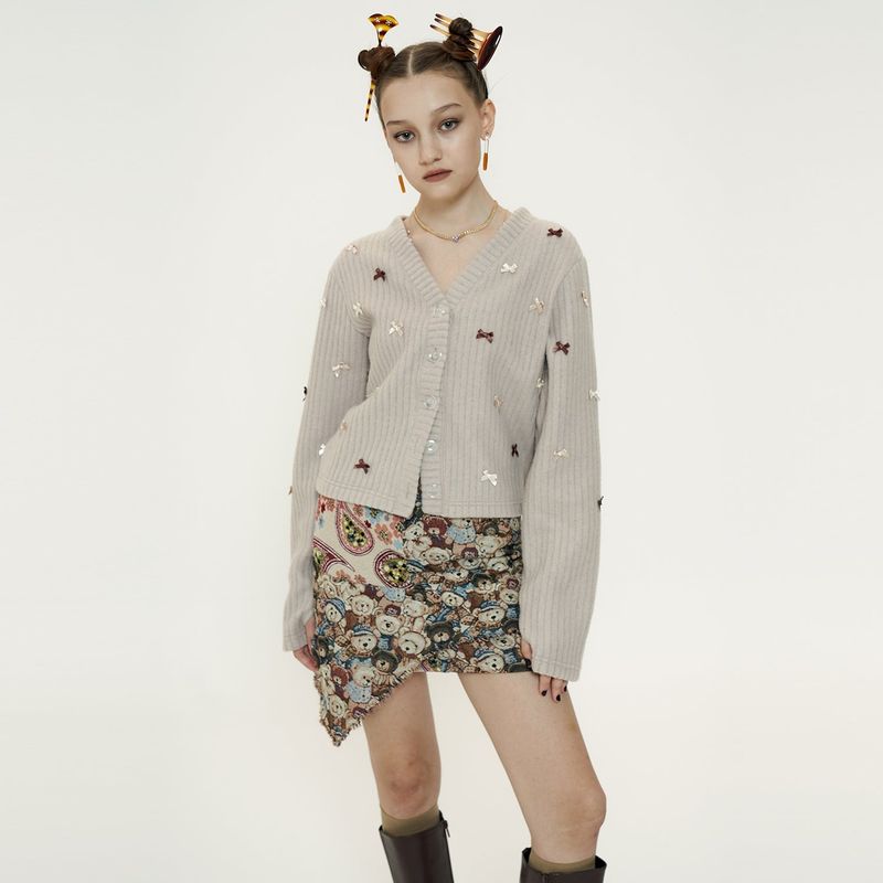 Jacquard Skirt [Beige_Bear+Flower]