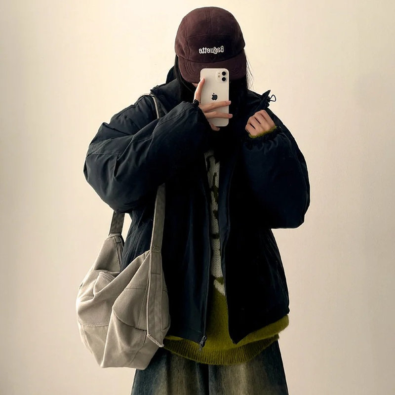 Cap hood boxy high neck padded jumper