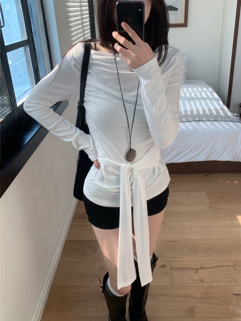 Loving Front Wrap Tie Boat Neck Long Sleeve Tee 