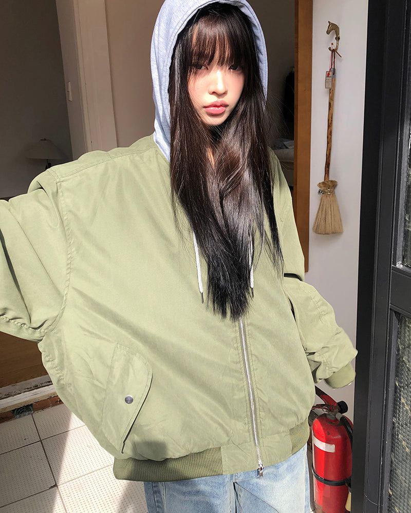 Debin Oversized Shirring Hooded Bomber Jacket