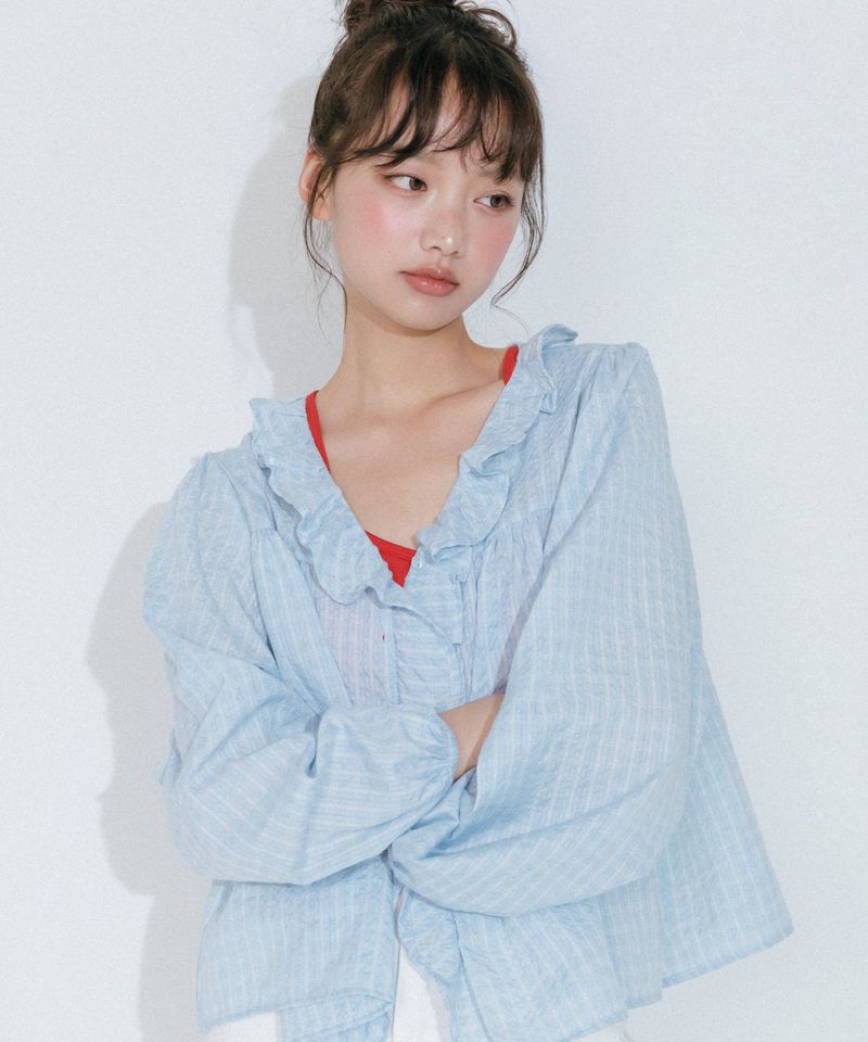 FRILL NECK CHECK BLOUSE (LIGHT BLUE)