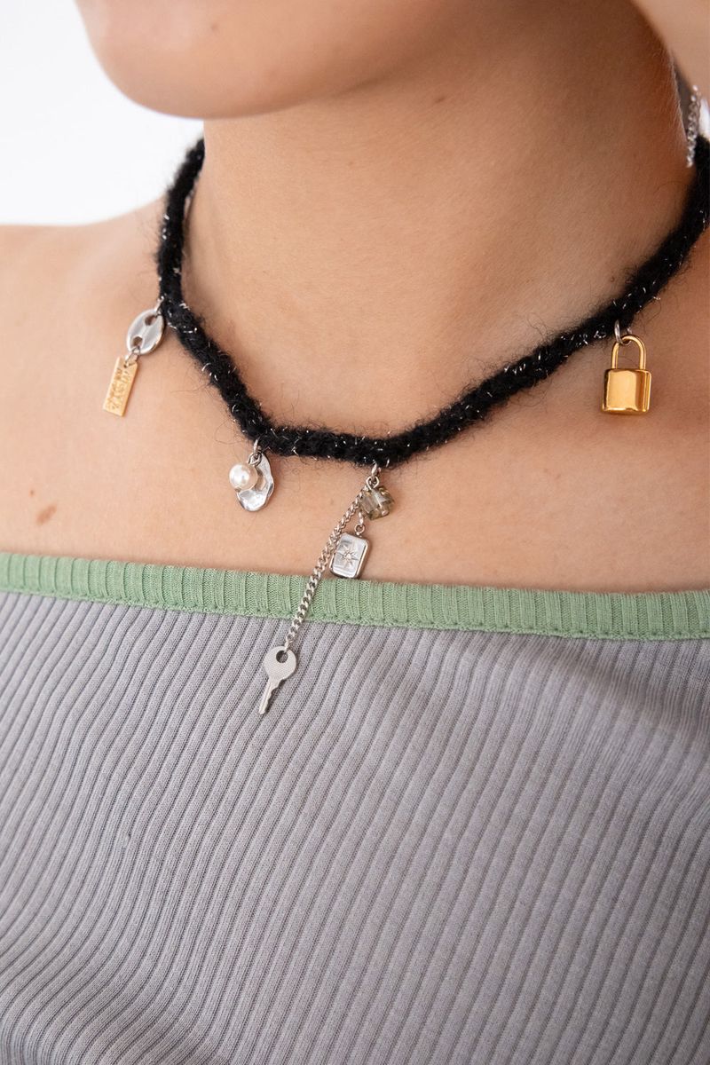 Wool black knit with unique objects necklace