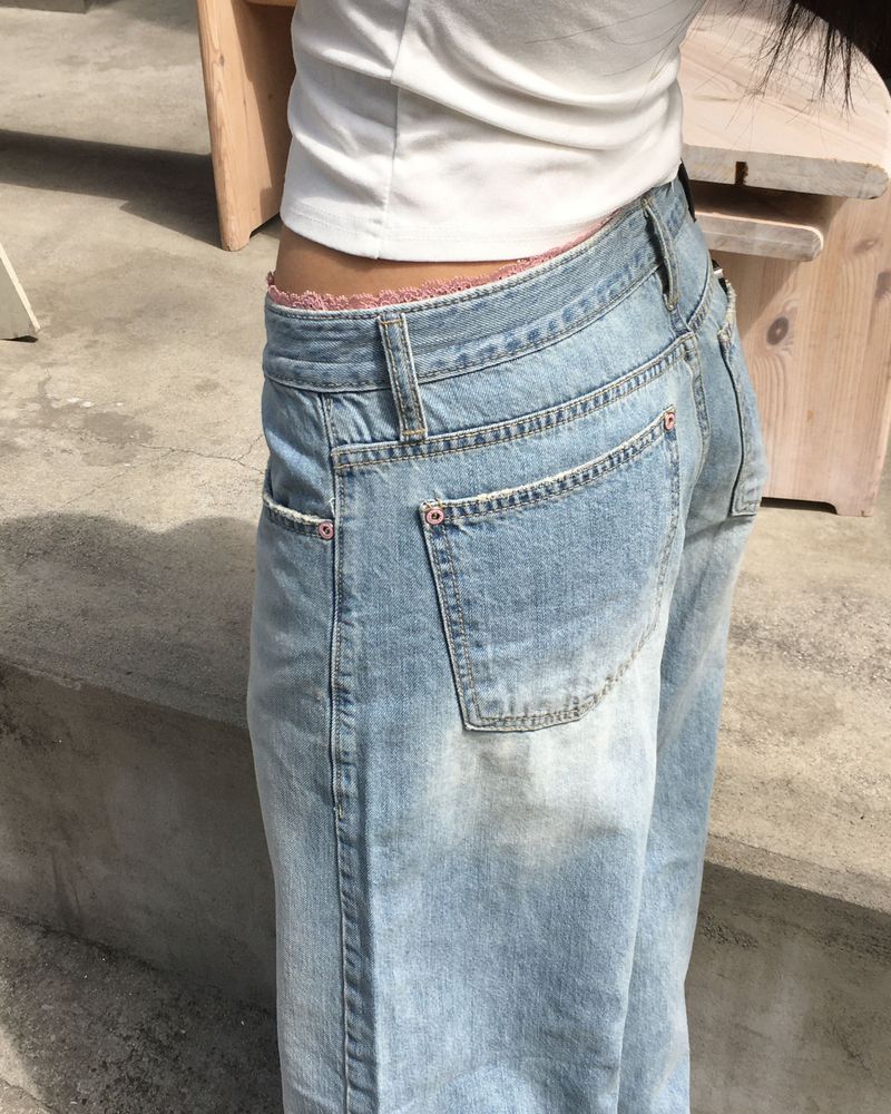 Pink lace denim pants