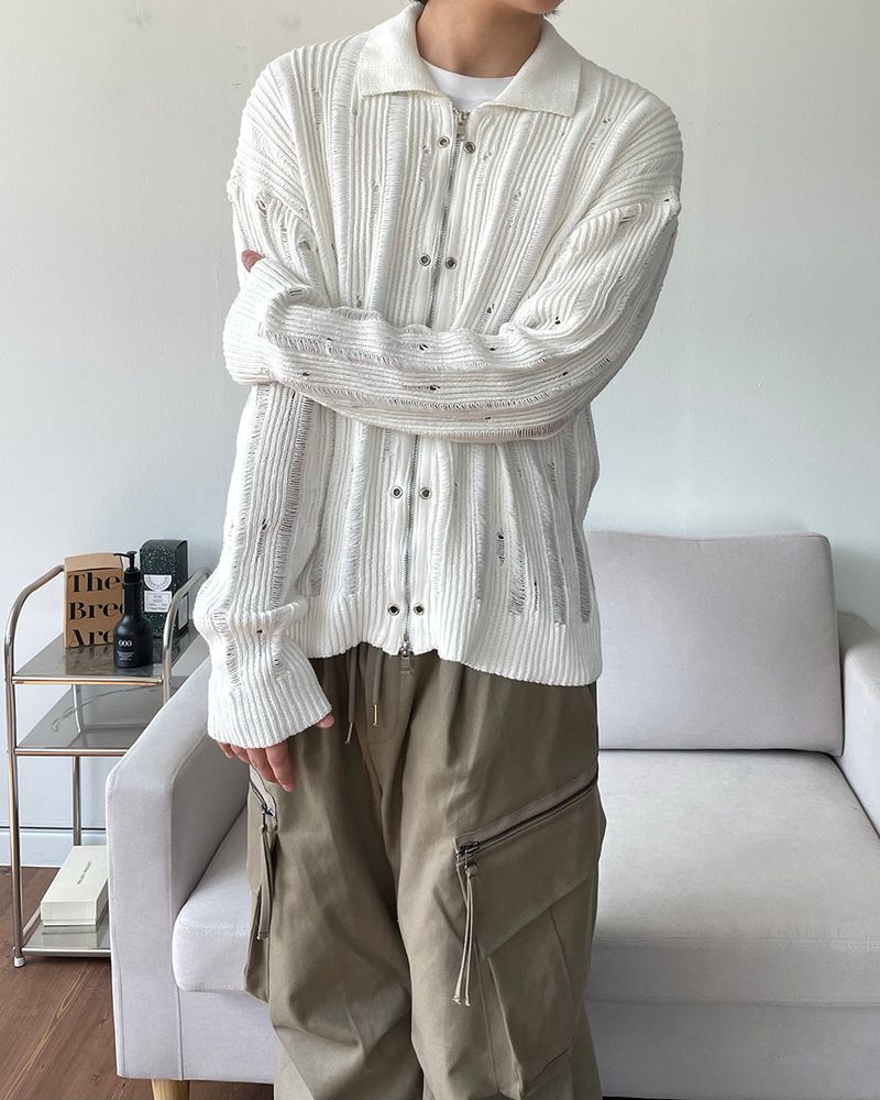 Eyelet Zip-up Knit Cardigan