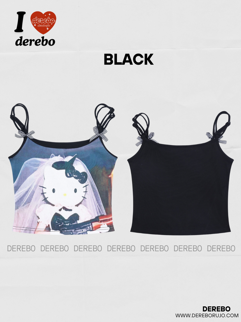 Fuzzy Cartoon Bow Sleeveless Camisole Tea