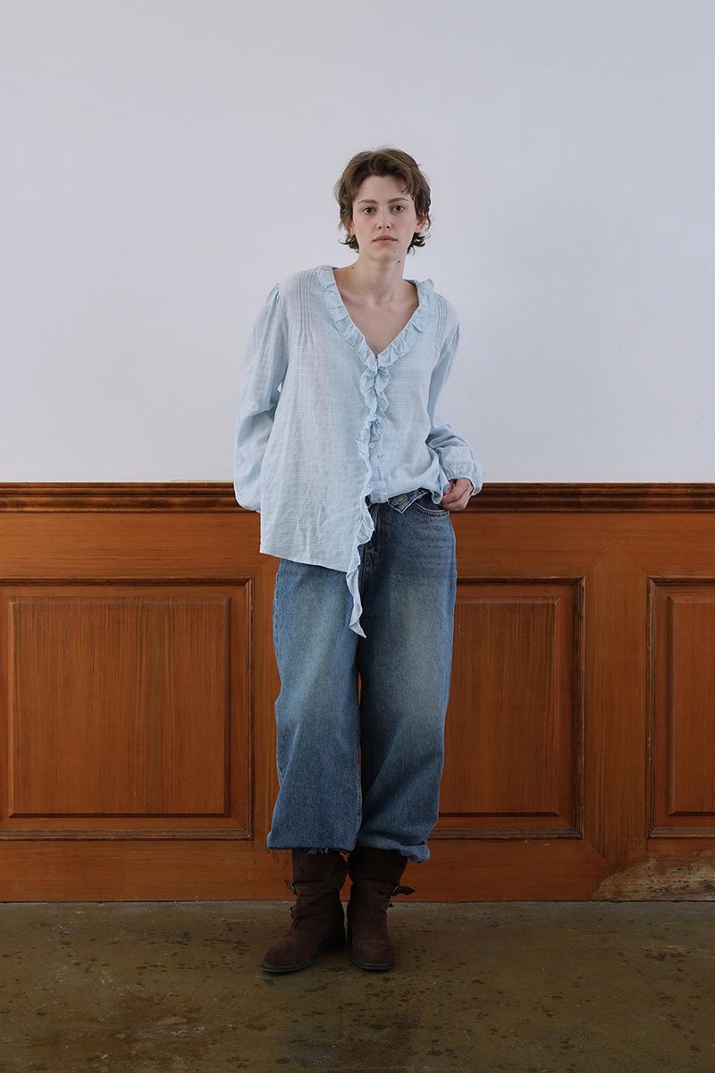 Ruffle shirring blouse_skyblue